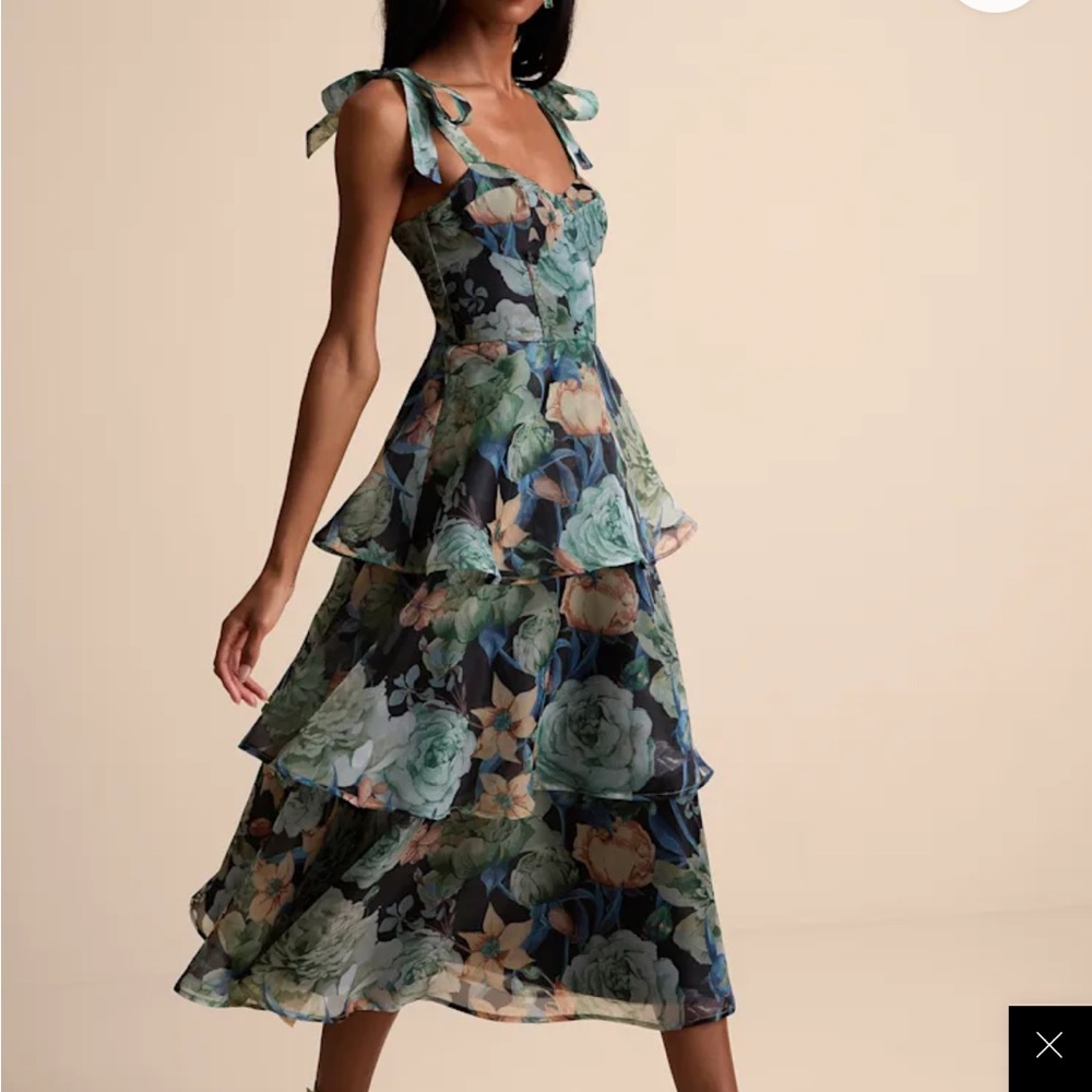 Lulus Playfully Posh Black Floral Organza Tie-Strap Tiered Midi Dress